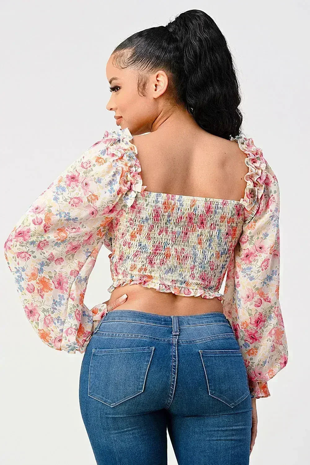 Chic Floral Sweetheart Smocked Body Blouse Top - Femstylo