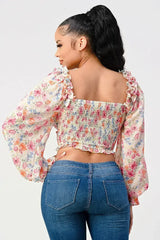 Chic Floral Sweetheart Smocked Body Blouse Top - Femstylo