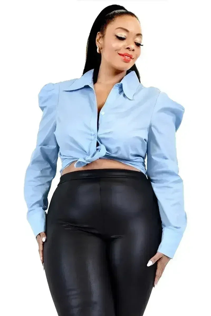 Plus Solid Poplin Puff Sleeve Shirt - Femstylo