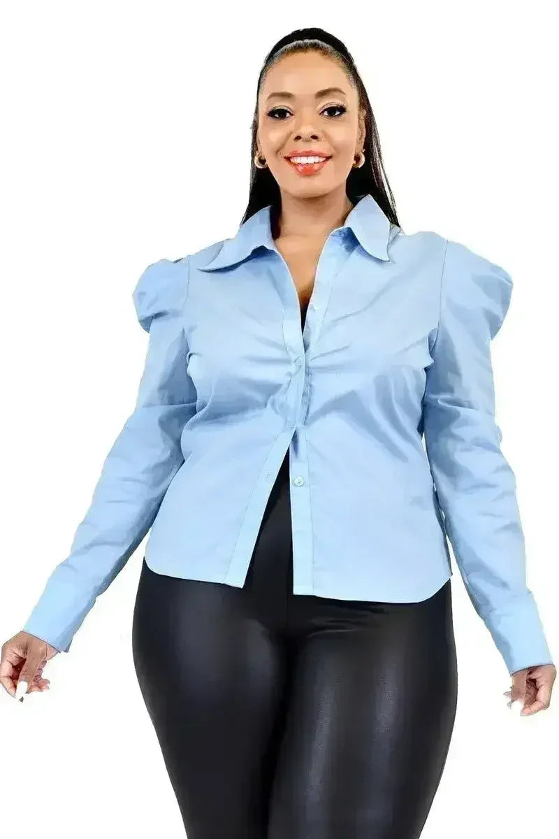 Plus Solid Poplin Puff Sleeve Shirt - Femstylo