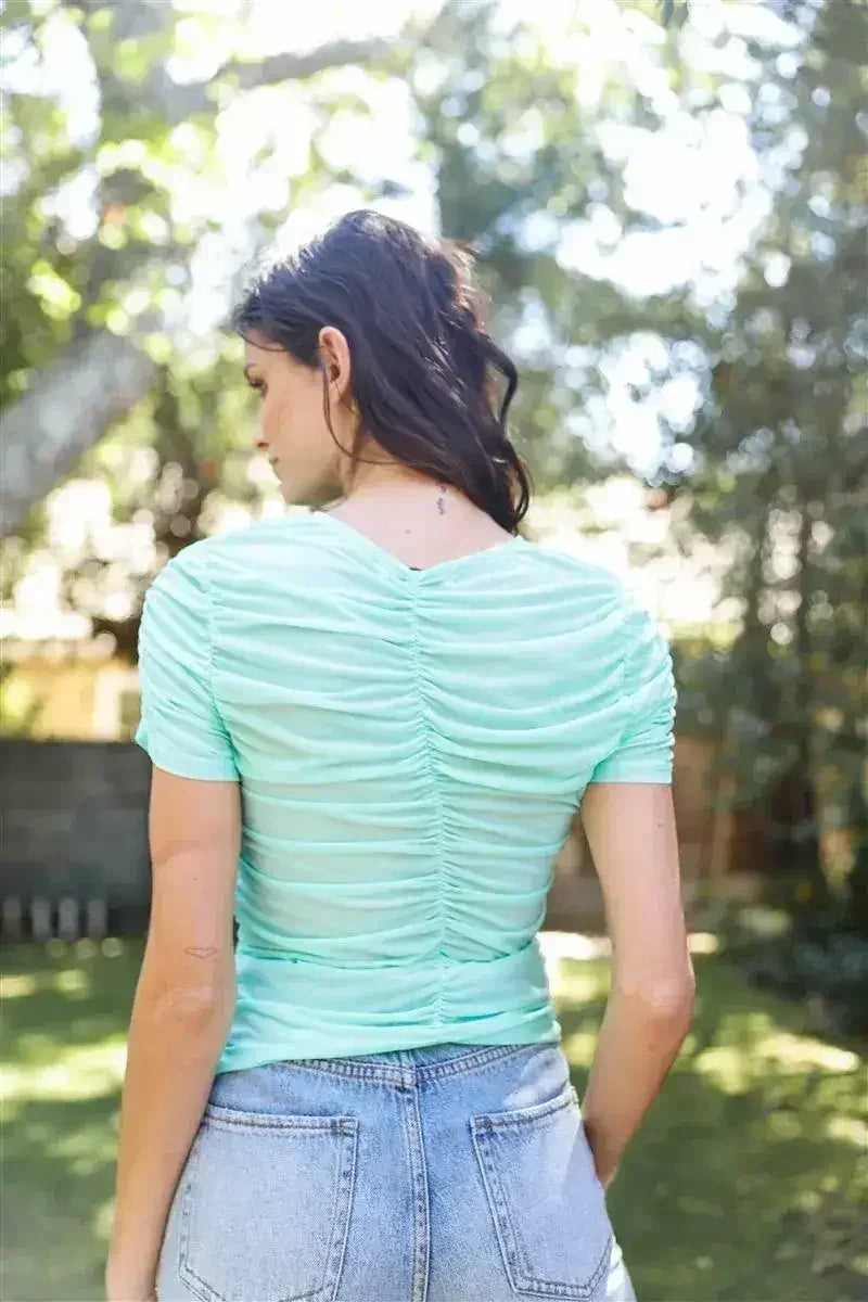 Mesh Ruched Cut-out Detail Short Sleeve Top - Femstylo