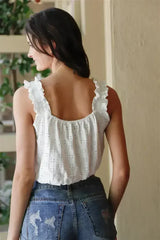 Embroidered Ruffle Trim Strap Sleeveless Crop Top - Femstylo