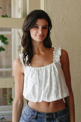Embroidered Ruffle Trim Strap Sleeveless Crop Top - Femstylo