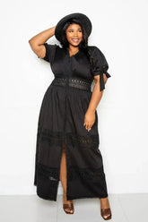 Puff Sleeve Maxi Dress With Lace Insert - Femstylo