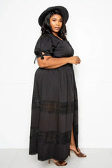 Puff Sleeve Maxi Dress With Lace Insert - Femstylo