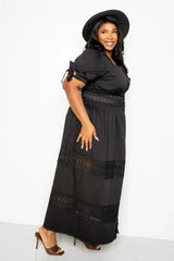 Puff Sleeve Maxi Dress With Lace Insert - Femstylo