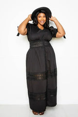 Puff Sleeve Maxi Dress With Lace Insert - Femstylo