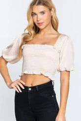 Elbow Sleeve Straight Neck Smocking W/ruffle Detail Woven Top - Femstylo
