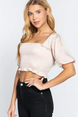 Elbow Sleeve Straight Neck Smocking W/ruffle Detail Woven Top - Femstylo