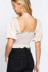Elbow Sleeve Straight Neck Smocking W/ruffle Detail Woven Top - Femstylo