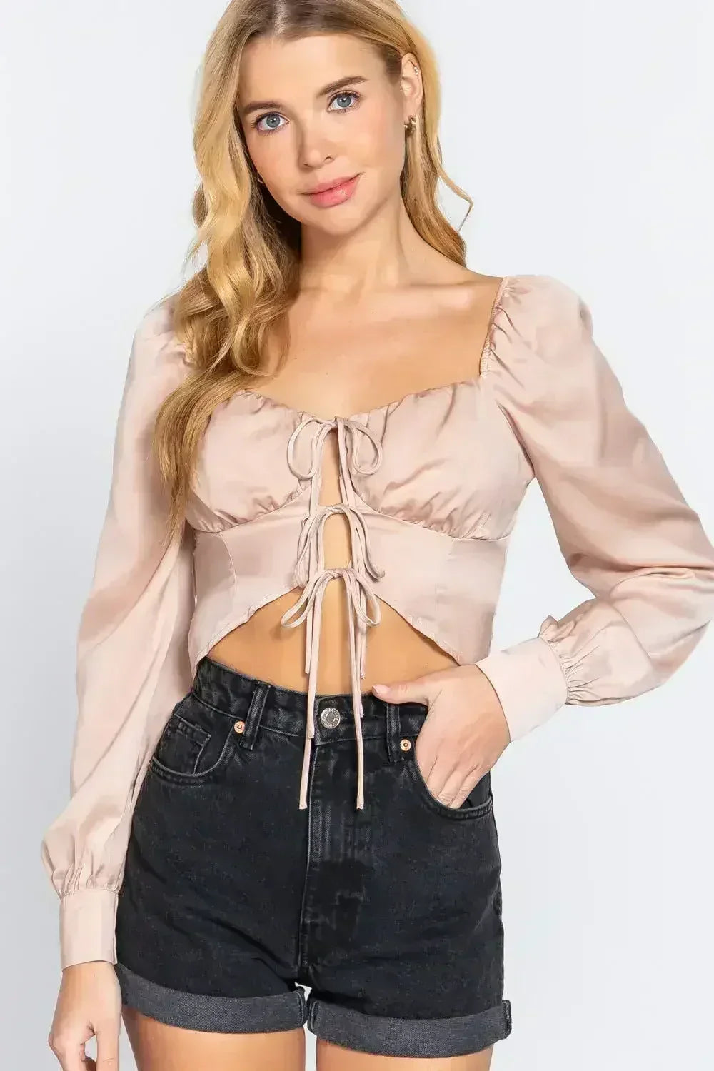 Long Sleeve Sweetheart Neck Front Ribbon Tie Woven Top | Femstylo - Femstylo