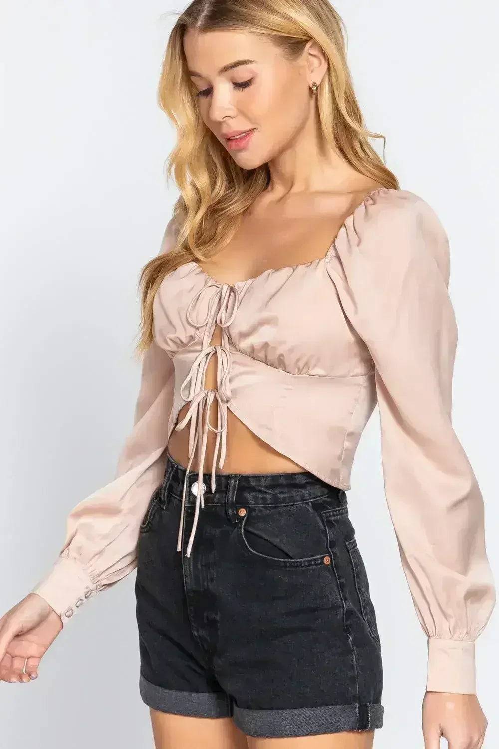 Long Sleeve Sweetheart Neck Front Ribbon Tie Woven Top | Femstylo - Femstylo