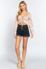 Long Sleeve Sweetheart Neck Front Ribbon Tie Woven Top | Femstylo - Femstylo