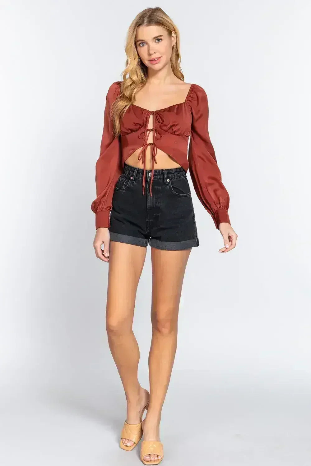 Long Sleeve Sweetheart Neck Front Ribbon Tie Detail Woven Top - Femstylo