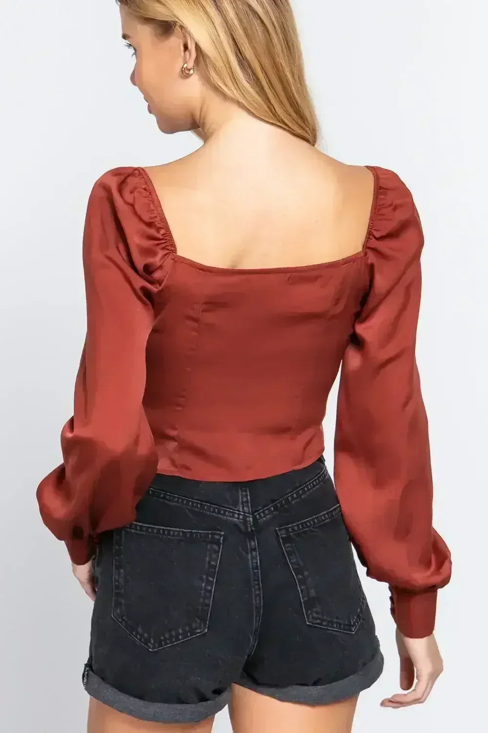Long Sleeve Sweetheart Neck Front Ribbon Tie Detail Woven Top - Femstylo
