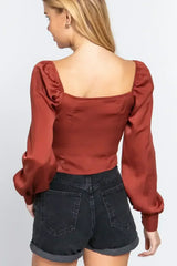 Long Sleeve Sweetheart Neck Front Ribbon Tie Detail Woven Top - Femstylo