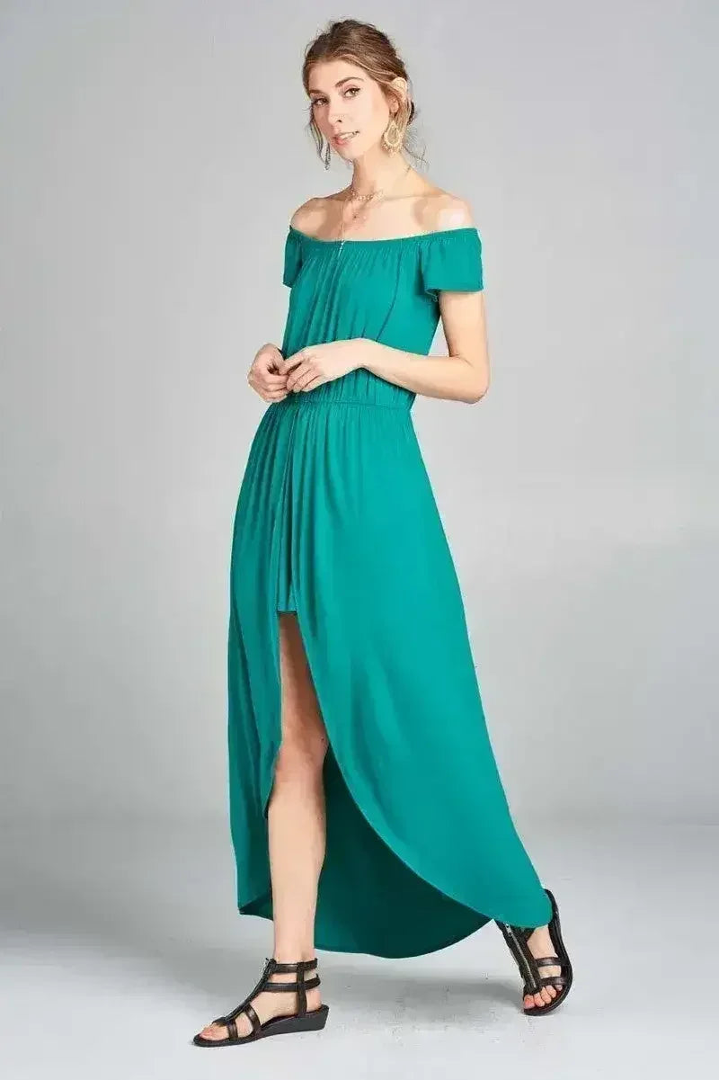 Off Shoulder Solid Jersey Romper Maxi - Femstylo