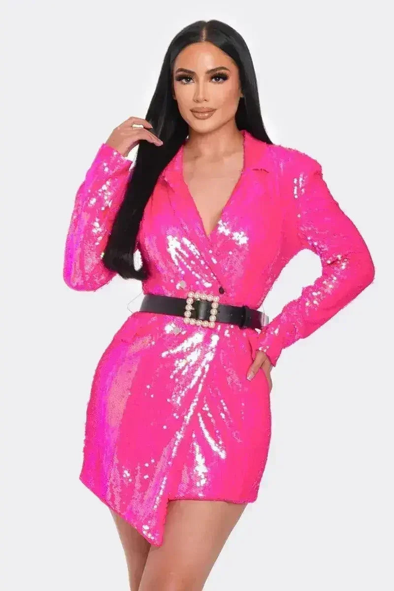 Pearl Belted Sequin Blazer Mini Dress - Femstylo
