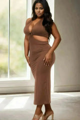 Plus Size Cut-out Halter Neck Double Back Tie Split Thigh Midi Dress - Femstylo