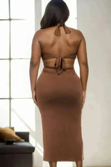 Plus Size Cut-out Halter Neck Double Back Tie Split Thigh Midi Dress - Femstylo
