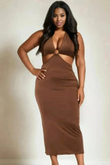 Plus Size Cut-out Halter Neck Double Back Tie Split Thigh Midi Dress - Femstylo