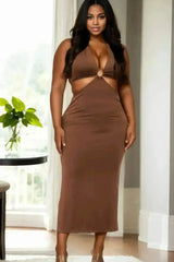 Plus Size Cut-out Halter Neck Double Back Tie Split Thigh Midi Dress - Femstylo