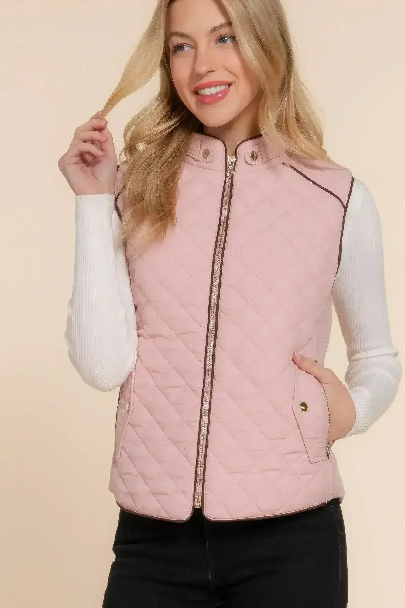 Quilted Suede Piping Vest - Pale Taupe | Femstylo - Femstylo