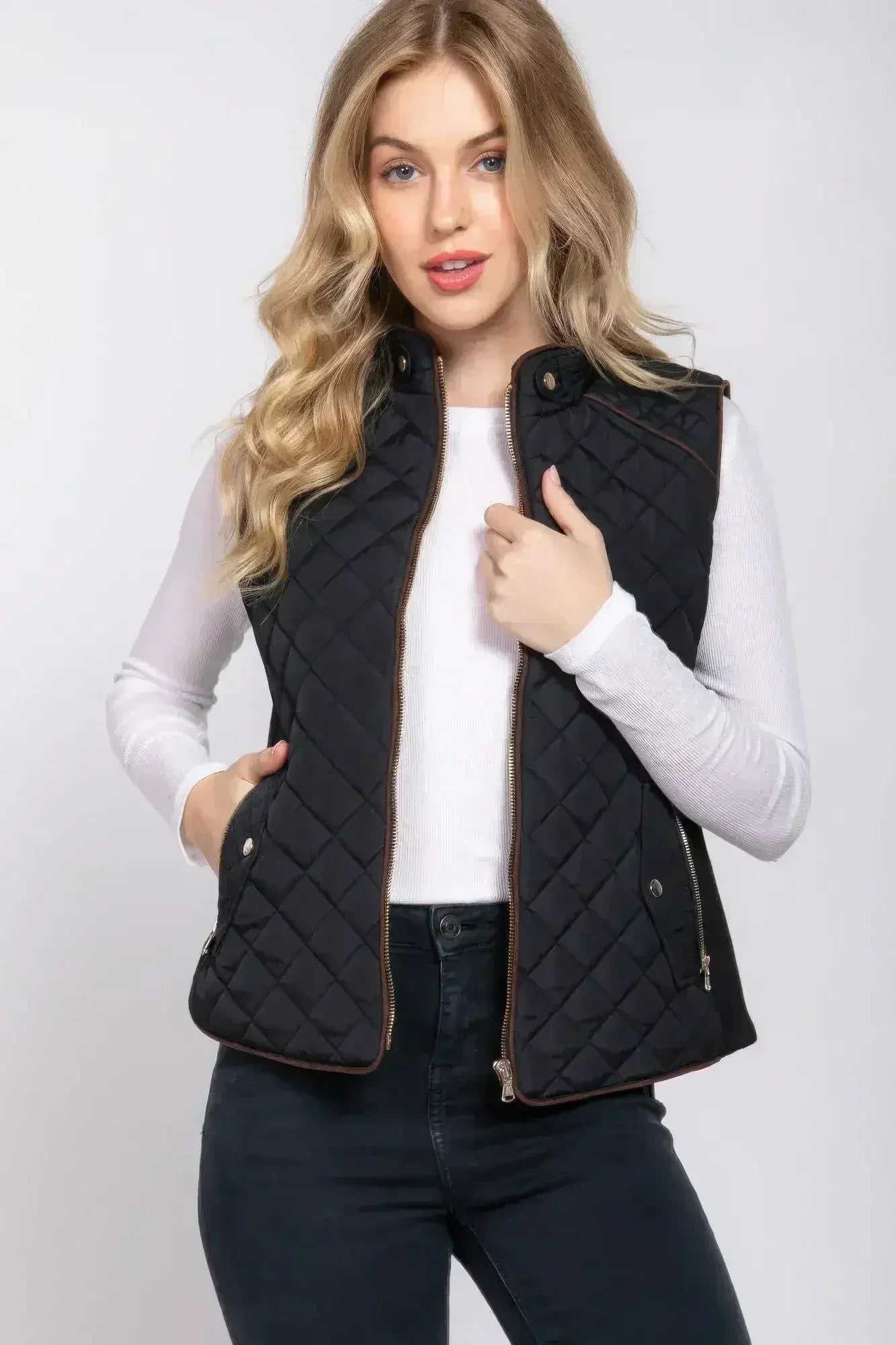 Quilted Suede Piping Vest - Pale Taupe | Femstylo - Femstylo