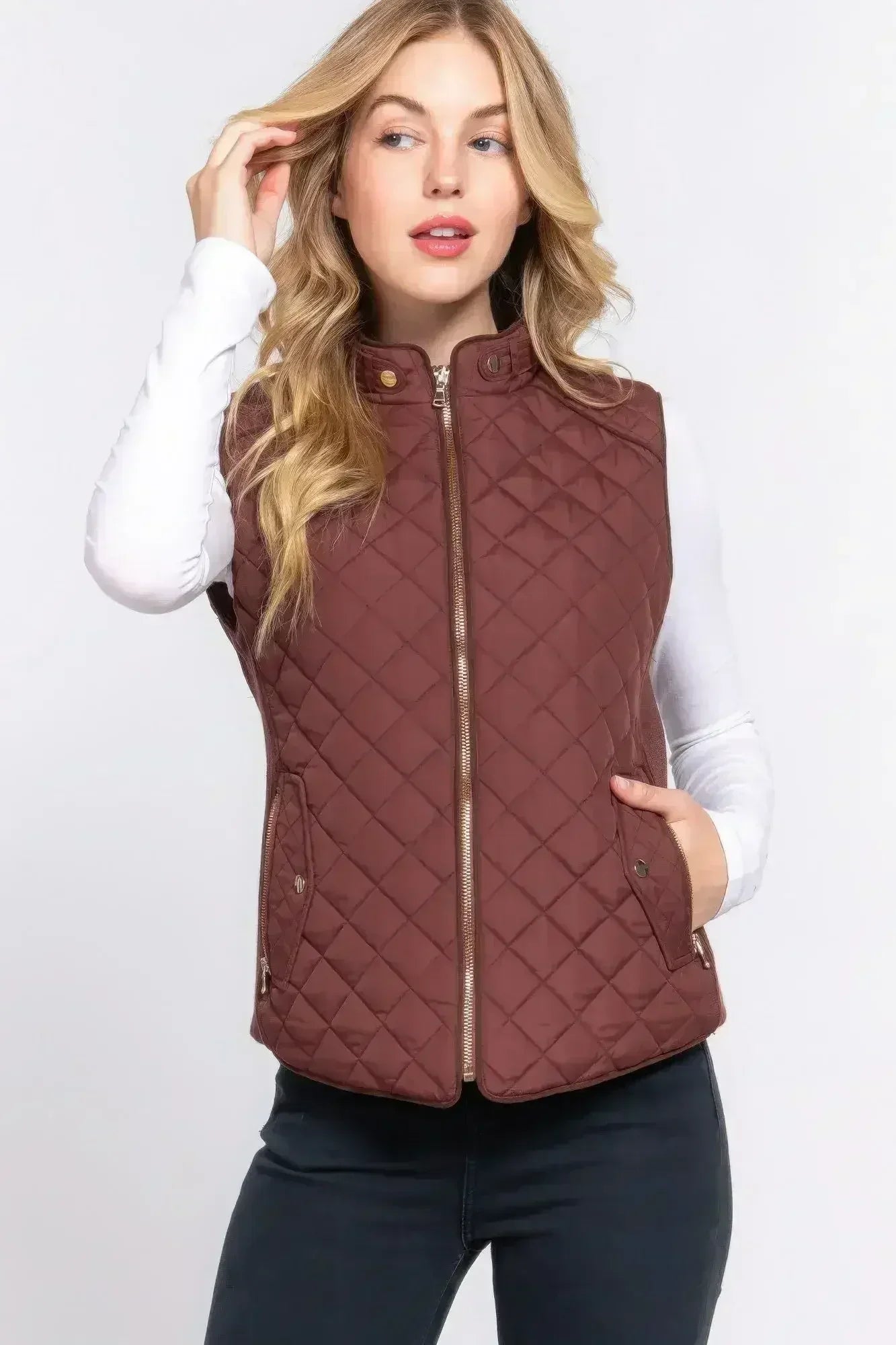 Quilted Suede Piping Vest - Pale Taupe | Femstylo - Femstylo