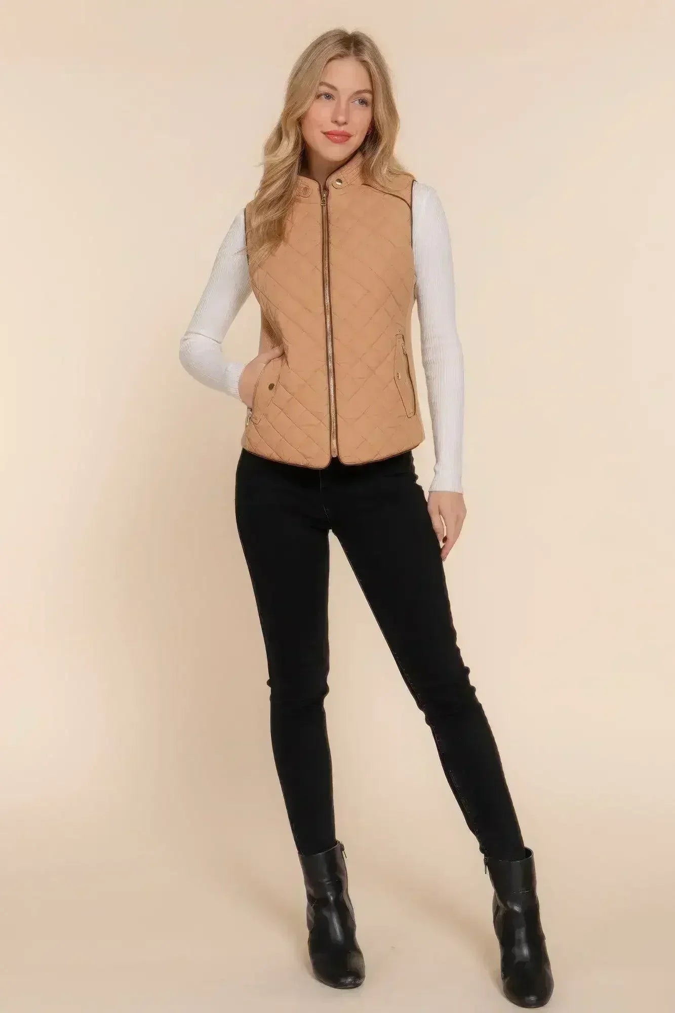 Quilted Suede Piping Vest - Pale Taupe | Femstylo - Femstylo