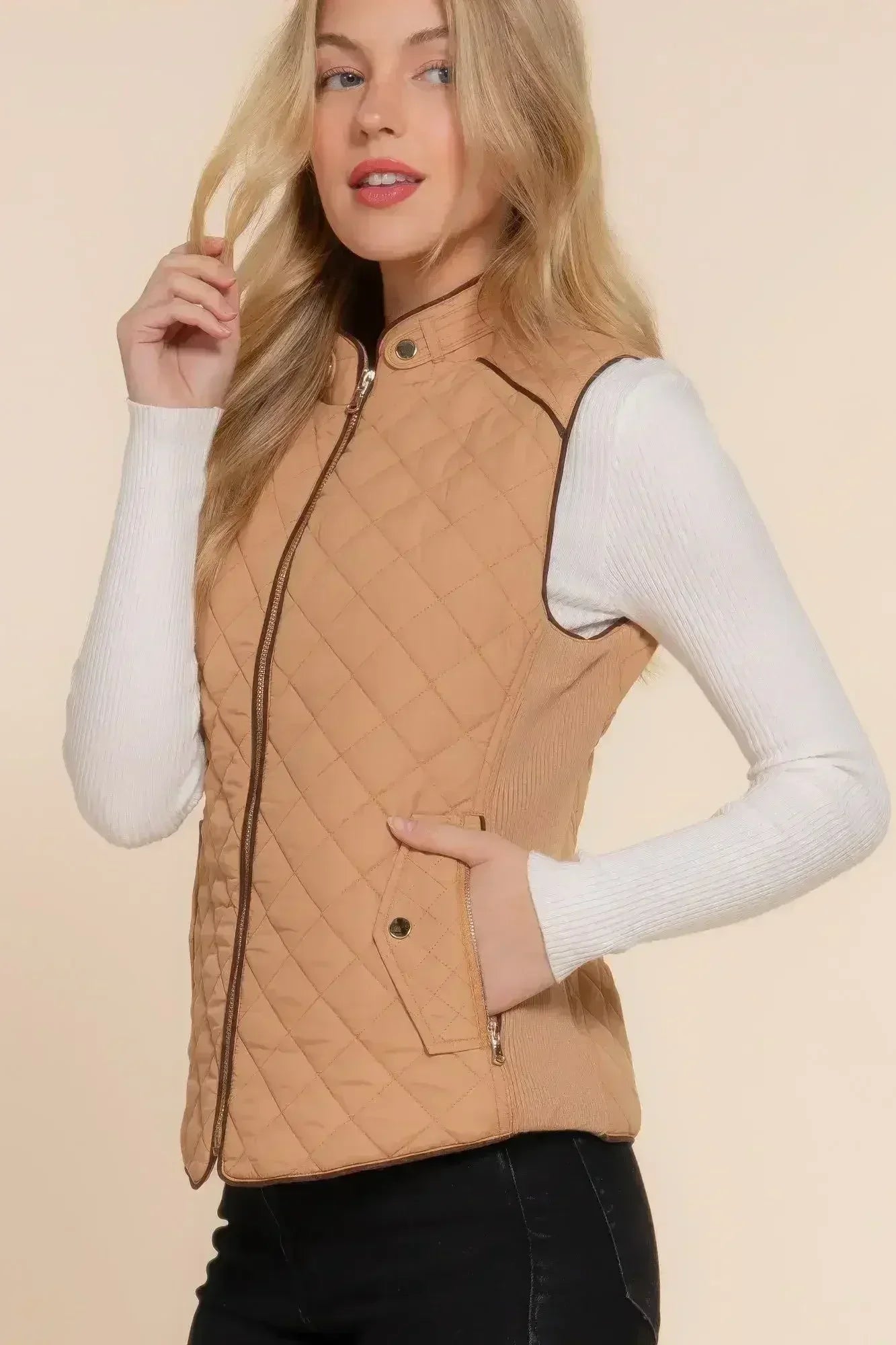 Quilted Suede Piping Vest - Pale Taupe | Femstylo - Femstylo