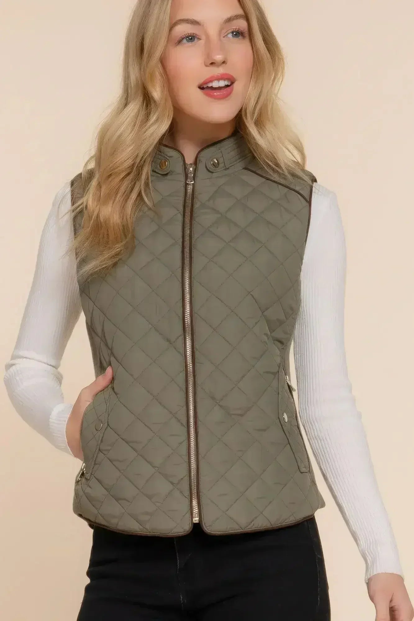 Quilted Suede Piping Vest - Pale Taupe | Femstylo - Femstylo
