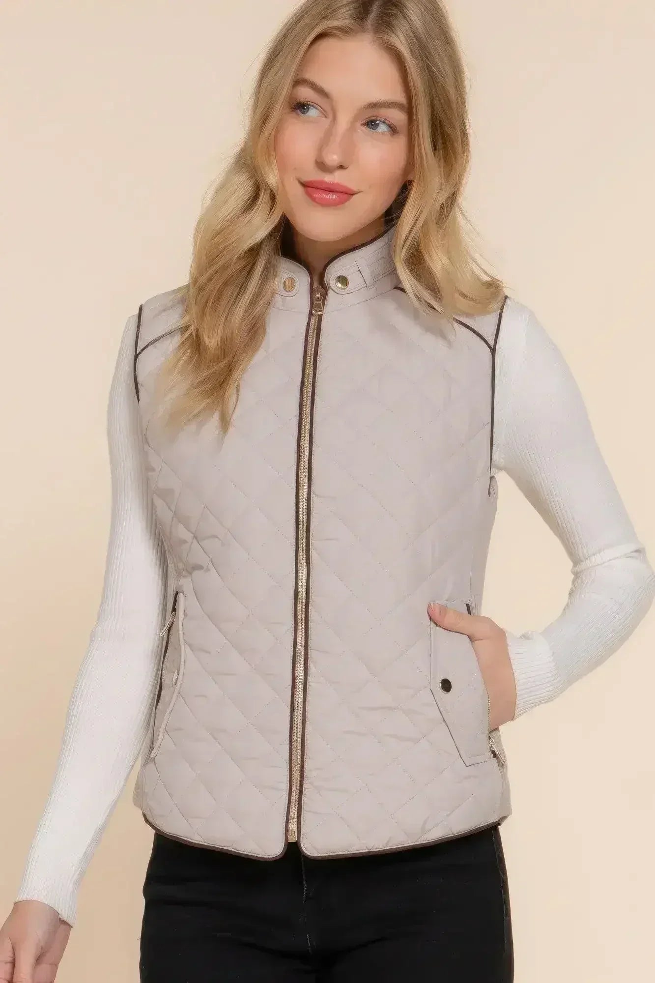 Quilted Suede Piping Vest - Pale Taupe | Femstylo - Femstylo