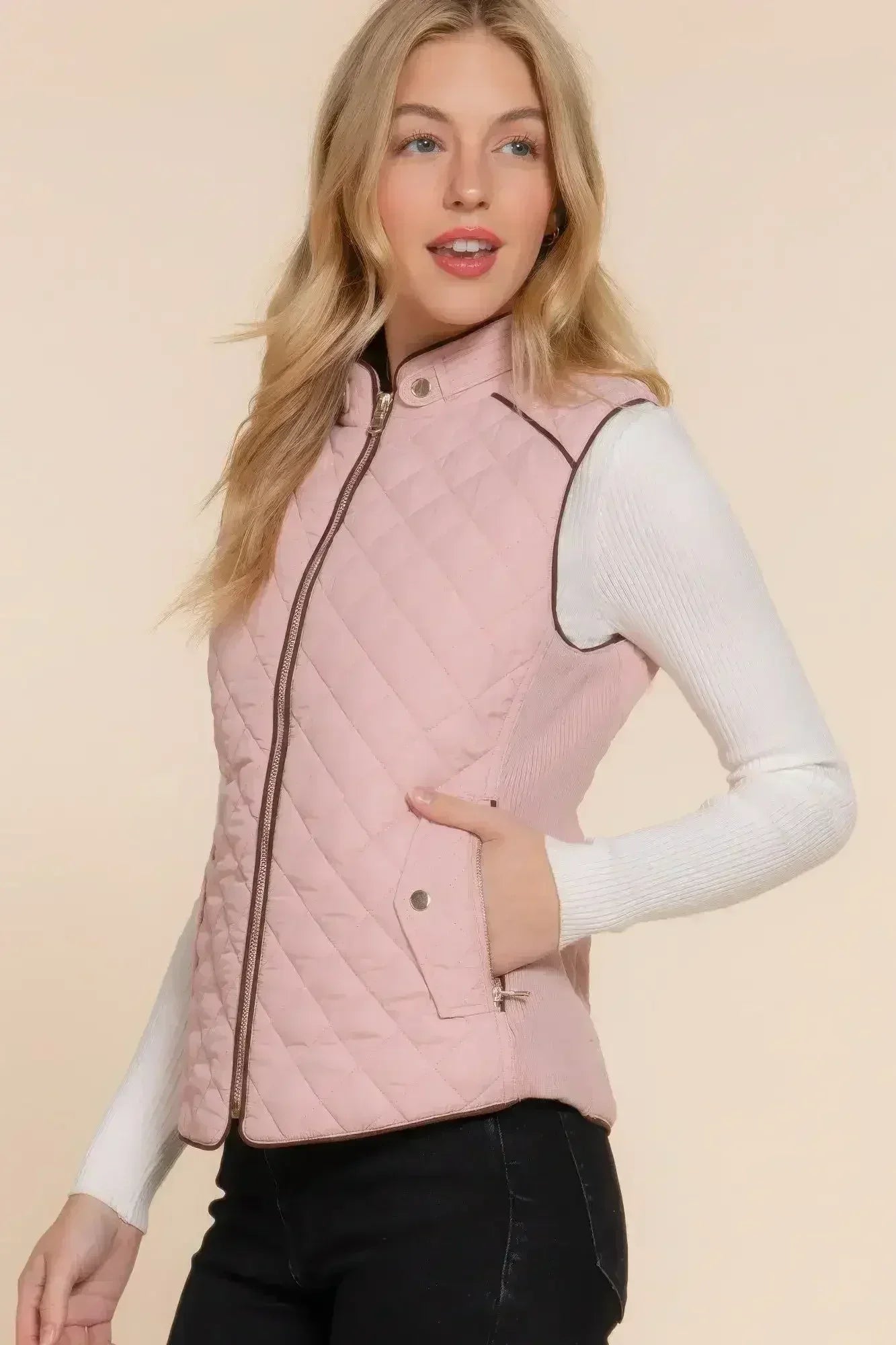 Quilted Suede Piping Vest - Pale Taupe | Femstylo - Femstylo