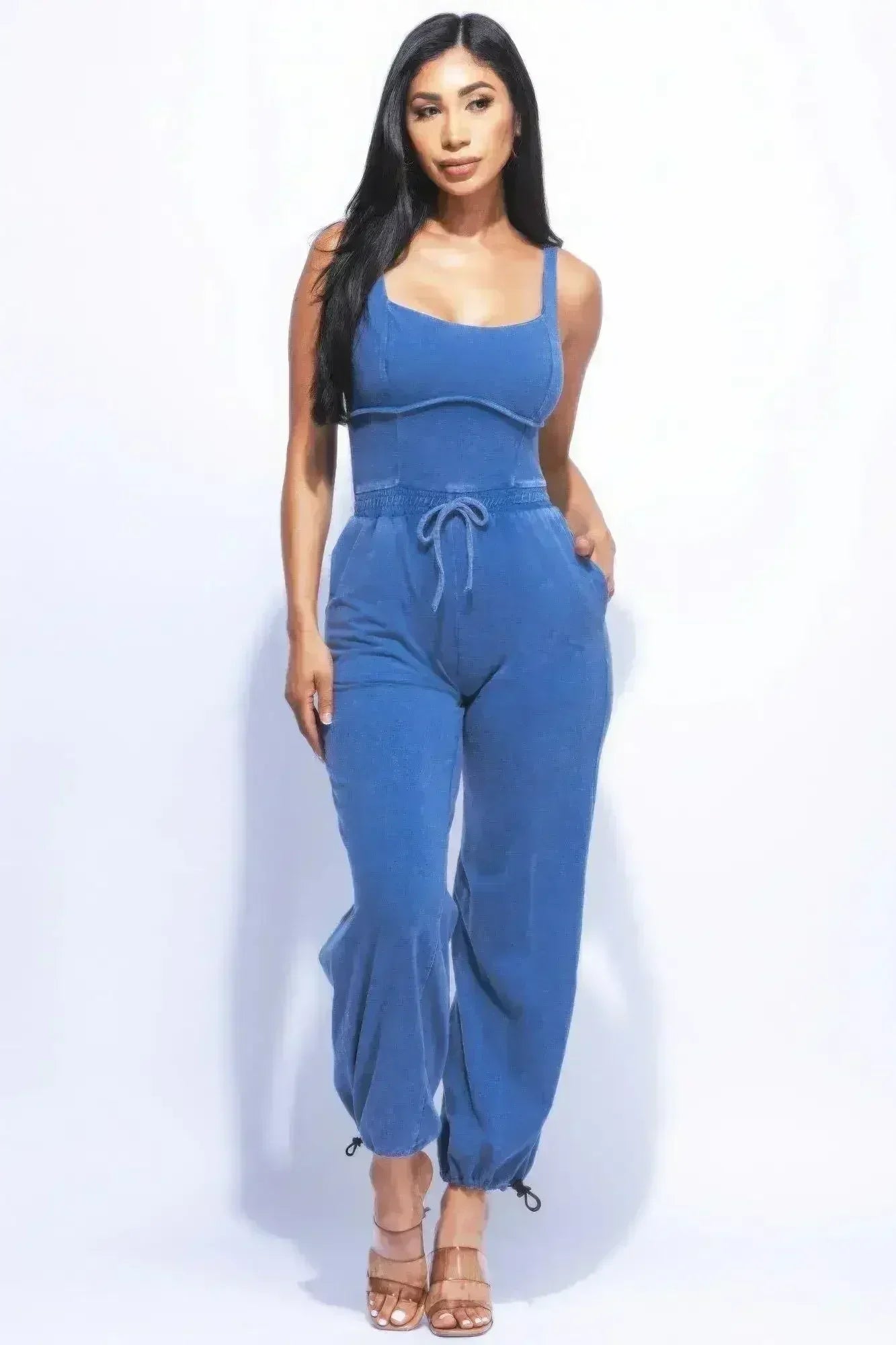 Washed Jumpsuit With Adjustable Ankle - Femstylo