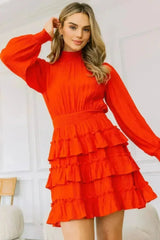 Red Ruffle Mini Dress – Smocked Neck & Tiered Detail - Femstylo
