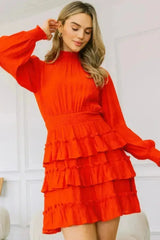 Red Ruffle Mini Dress – Smocked Neck & Tiered Detail - Femstylo