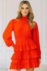 Red Ruffle Mini Dress – Smocked Neck & Tiered Detail - Femstylo