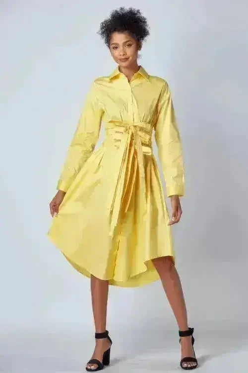 Yellow Shirt Dress with Tie-Up Belt – Versatile & Chic - Femstylo
