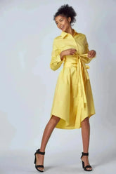 Yellow Shirt Dress with Tie-Up Belt – Versatile & Chic - Femstylo
