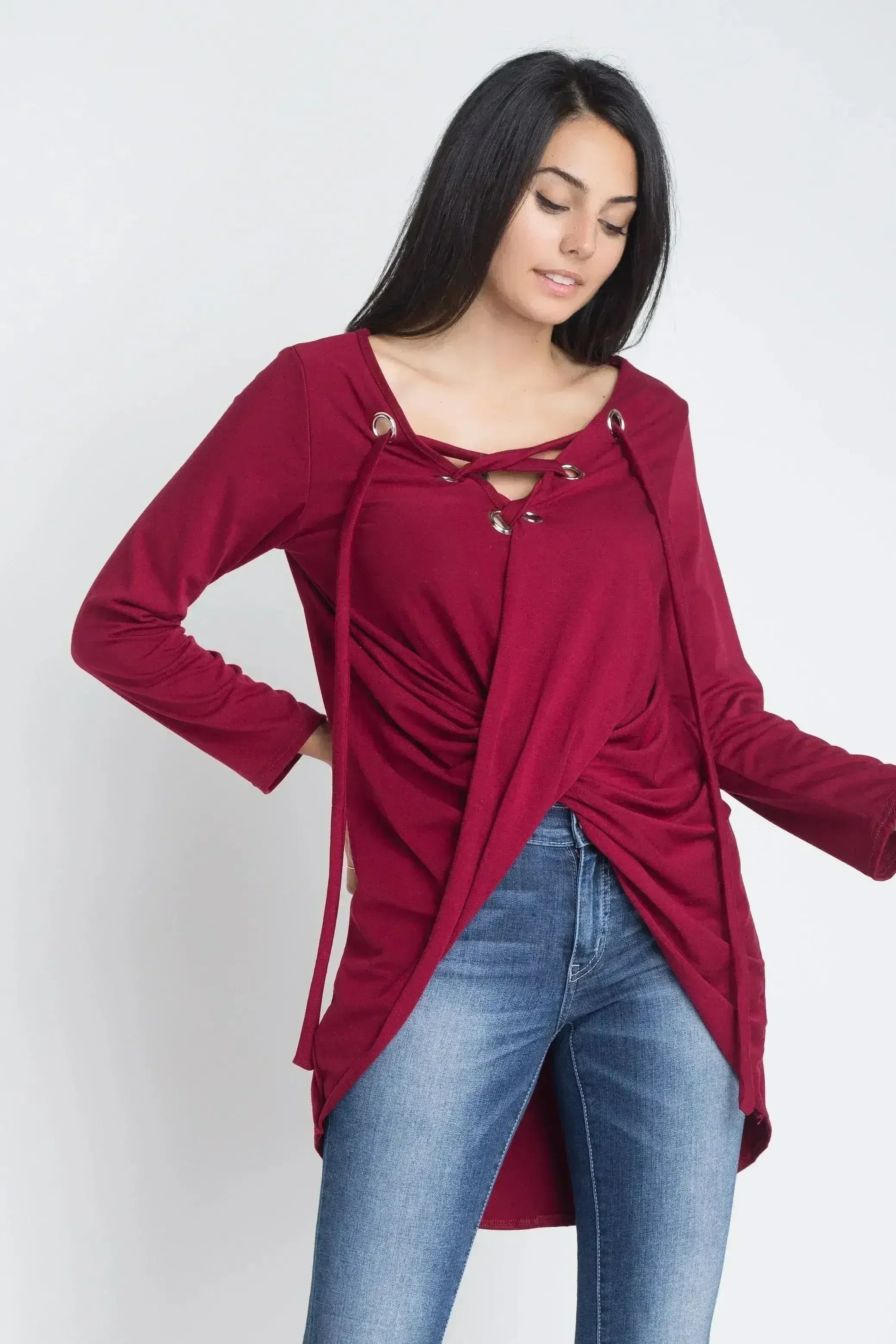 Women's Lace Up Wrap Long Sleeve Top - Femstylo