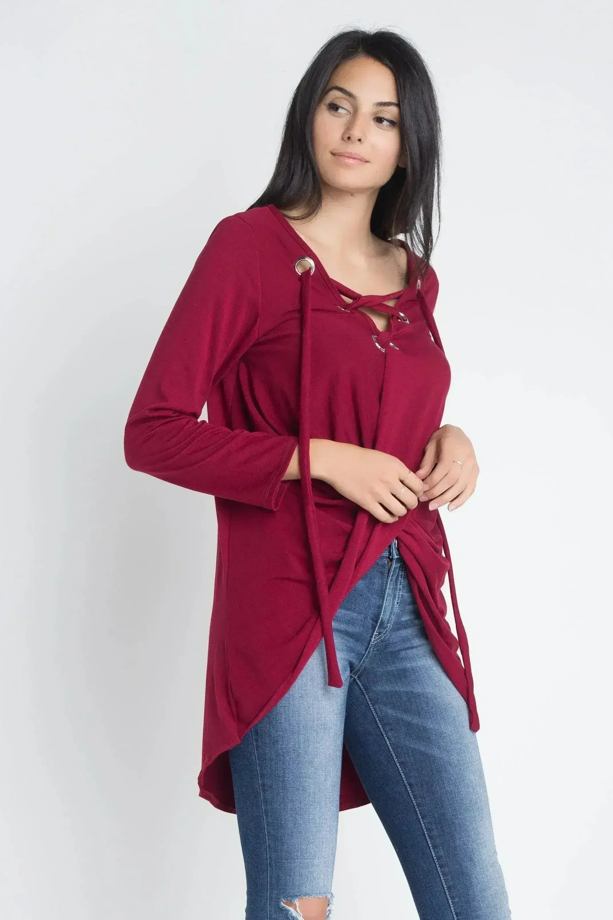 Women's Lace Up Wrap Long Sleeve Top - Femstylo