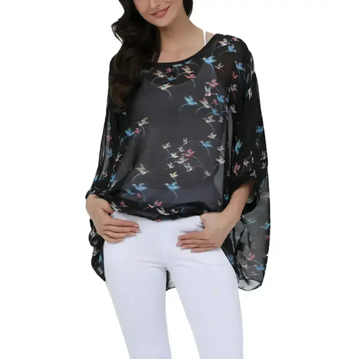 Womens Flying Bird Print Chiffon Top - Femstylo