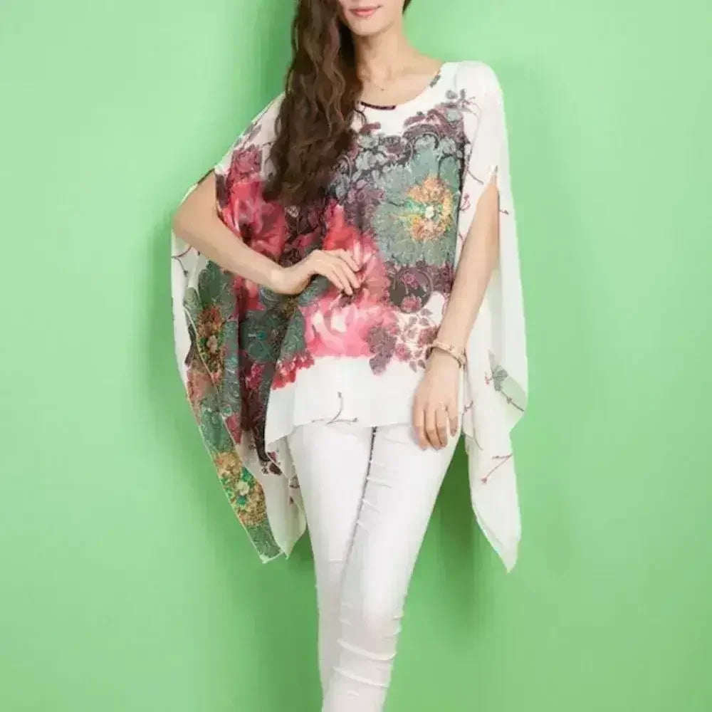 Peony Floral Top - Batwing Chiffon Blouse | Femstylo - Femstylo