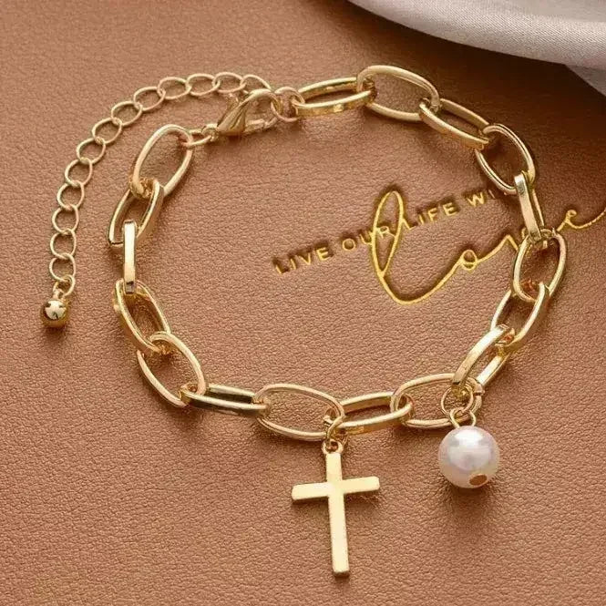 Oval Link Bracelet – Gold Plated with Cross Charm & Faux Pearl - Femstylo