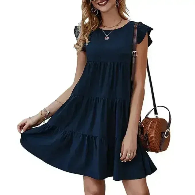 Flowy Cap Sleeve Dress - Navy/Wine/Black/Green/White - Femstylo