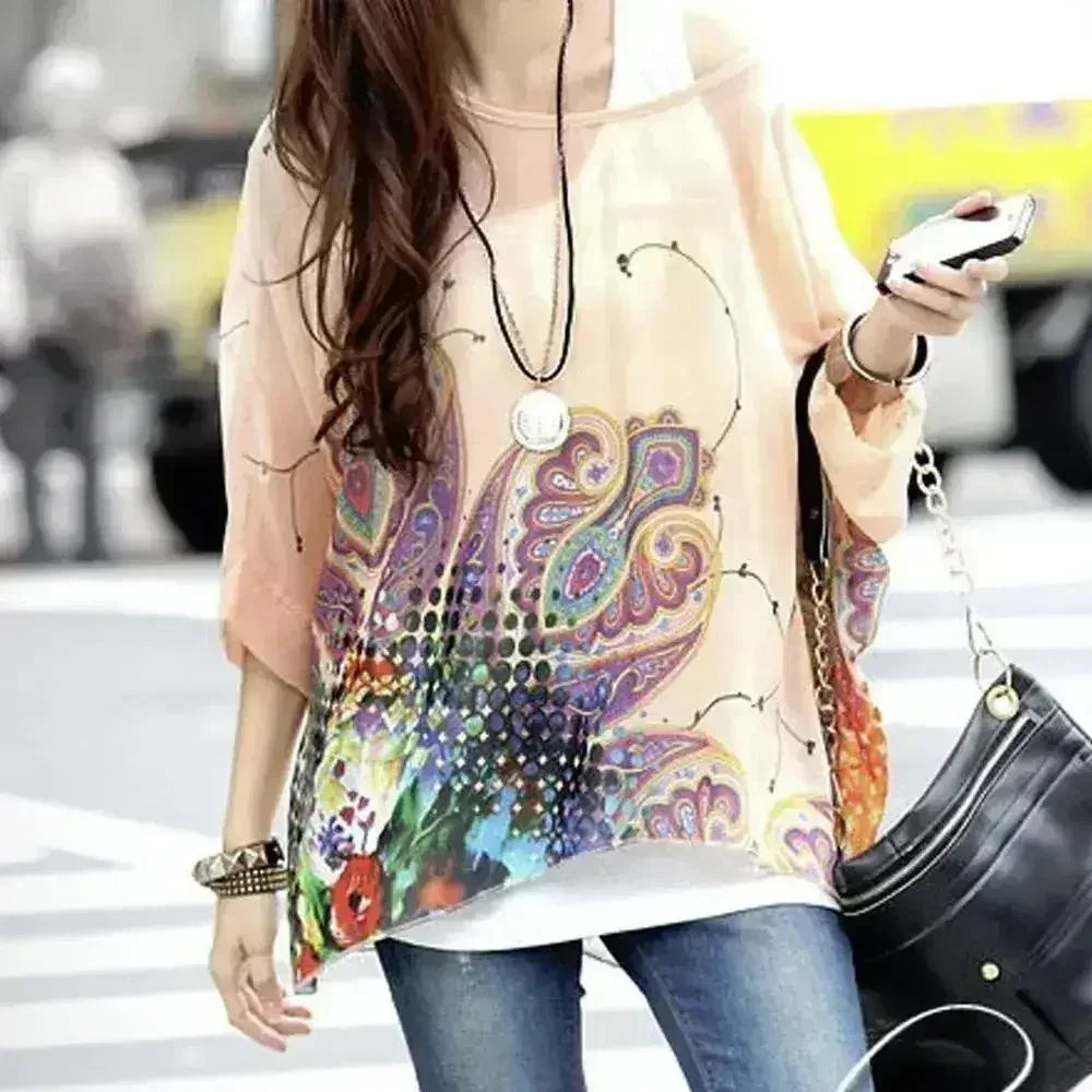 Paisley Print Chiffon Top - Batwing Boho Blouse | Femstylo - Femstylo