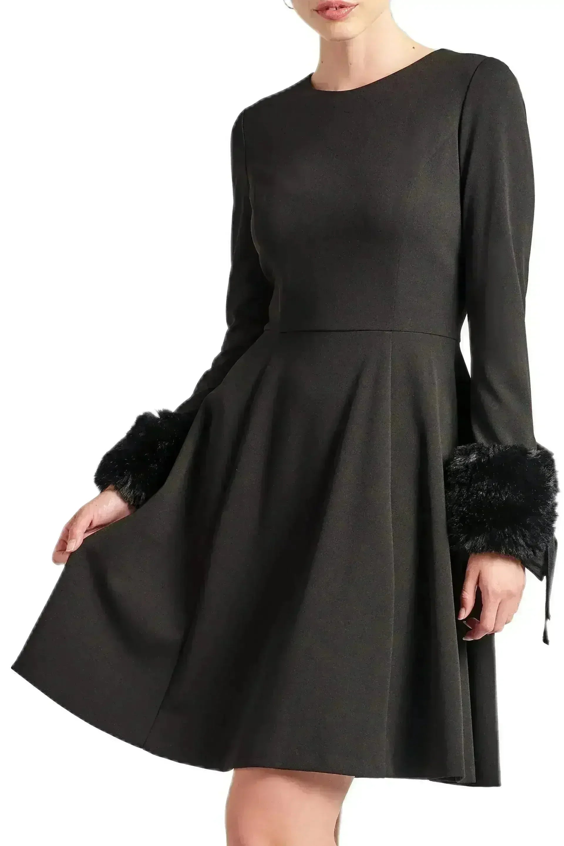 Caroline Dress - Crepe fit & flare dress with faux fur cuffs - Femstylo
