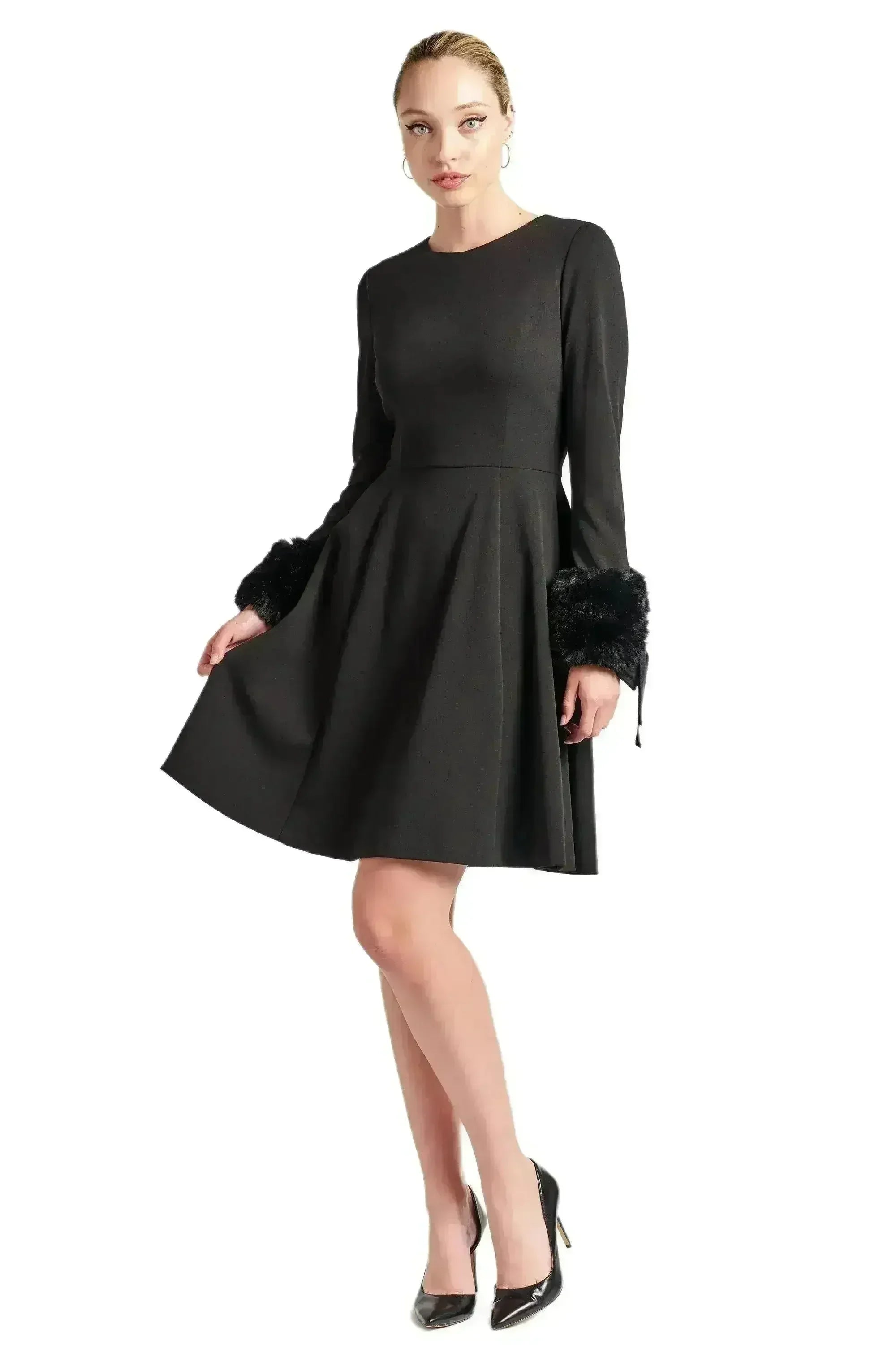 Caroline Dress - Crepe fit & flare dress with faux fur cuffs - Femstylo