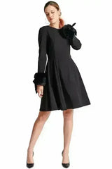 Caroline Dress - Crepe fit & flare dress with faux fur cuffs - Femstylo